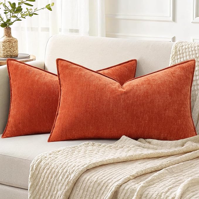 decorUhome Fall Couch Throw Pillow Covers 12x20 Set of 2, Decorative Soft Velvet Modern Cozy Chenille Lumbar Pillow Cases with Elegant Design for Sofa Bed Living Room Home Decor, Rust