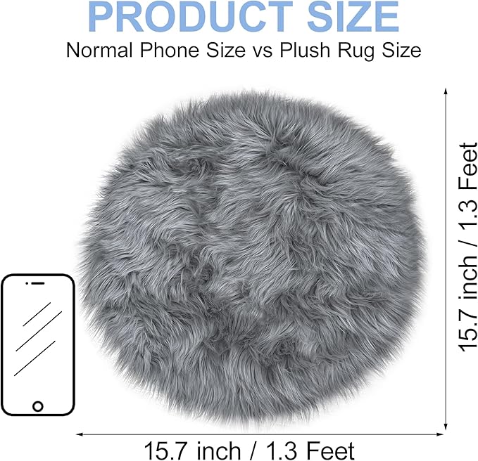 15.7 Inch Grey Mini Round Faux Fur Sheepskin Rugs Small Fluffy Circle Rug for Bedroom Dorm Living Room Shag Circular Carpet Mini Small Size for Nail Desk Sofa Couch Seat Cushion Photographing