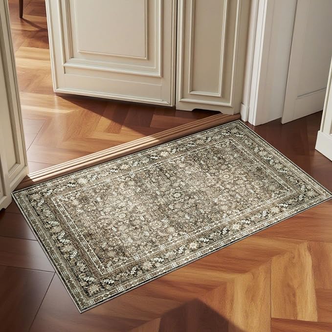 OPPODREAM Vintage Brown 2x3 Washable Rug, 2 x 3 Retro Door Mat Indoor Entrance Non Slip, Low-Pile Faux Wool Throw Carpet, Distressed Floor Mat for Kitchen, Hallway, Entry-Way, Back Door