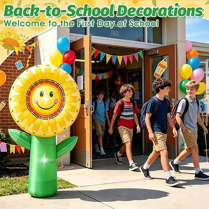 5FT Back to School Inflatable Outdoor Decorations Sunflower Pencil Blow Up Built-in 2 LED Lights Smiley Flower Welcome Yard Decor for First Day of School Kindergarten Preschool Photo Props
