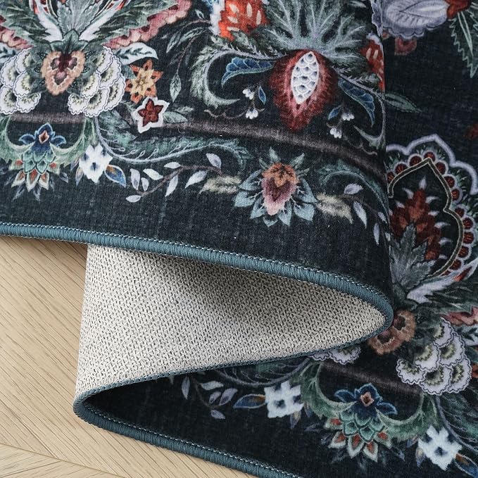 Rugcomf Vintage Paisley Kitchen Runner Rug 2'x6' - Machine Washable, Non-Slip Low Pile Floral Carpet for Laundry, Bedroom, Bathroom - Green