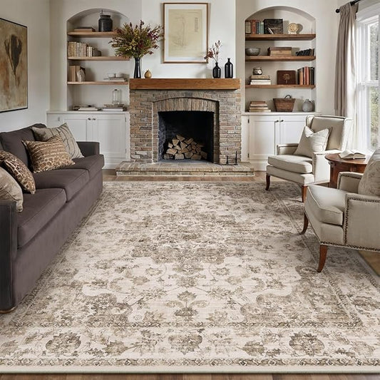 12x15 Neutral Area Rug Brown Vintage Living Room Bedroom Washable Carpet Non-Slip Soft Low Pile Farmhouse Indoor Large Throw Rug for Dining Room Office