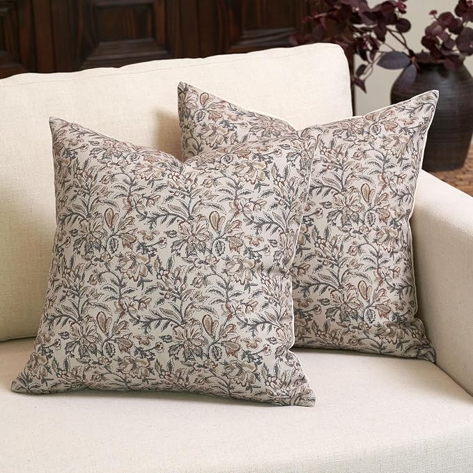 Amor Virisso Floral Throw Pillow Covers 24x24 Set of 2 Vintage Block Print Pillow Covers Decorative Pillow Covers Couch Pillows for Living Room Farmhouse Accent Sofa Pillows, Green/Sand