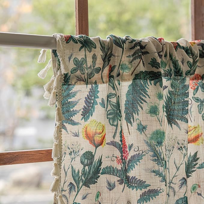 Deeprove Sheer Boho Print Curtains 63 Inches Long with Tassel, Green Fern Leaf Window Treatments Vintage Linen Look Drapes for Bedroom Farmhouse Country Style Privacy 2 Panels Pair 52W x 63L