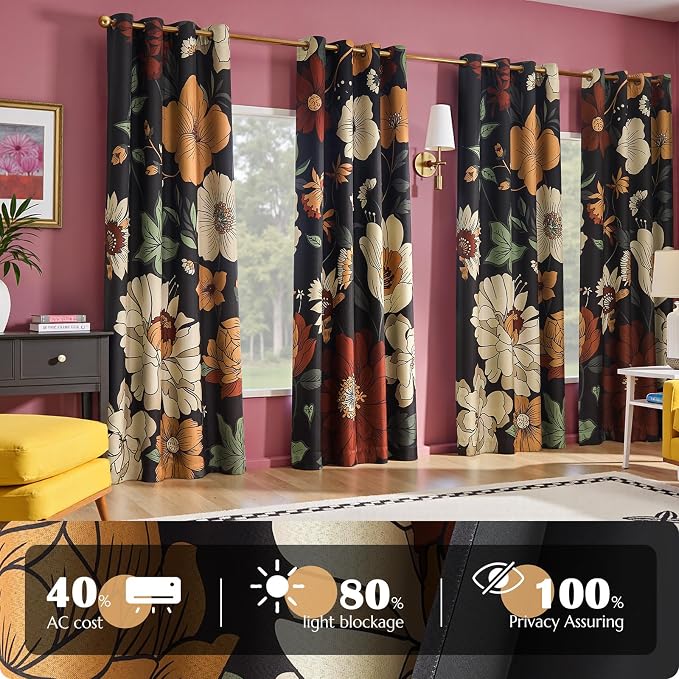 jinchan Lora Floral Curtains for Bedroom Blackout Drapes for Living Room Darkening Fabric Vintage Black Boho Flower Pattern Fall Decor Window Curtains 84 Inches Length 4 Panels with Grommet