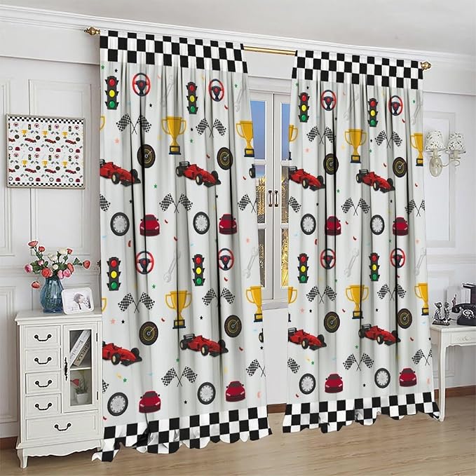 Racing Car Blackout Curtain,Kids Boys Cartoon Car Theme White Plaid Print Window Curtains for Bedroom Cafe Dining Room Office Living Room Kitchen Drapes,63x72 in