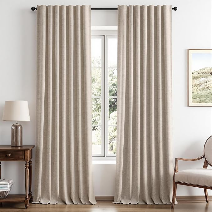 MIULEE 100% Blackout Linen Curtains for Bedroom, Taupe Solid Luxury Decor Thermal Insulation Room Darkening Drapes for Living Room Back Tab Rod Pocket 42 x 96 Inches, 2 Panels