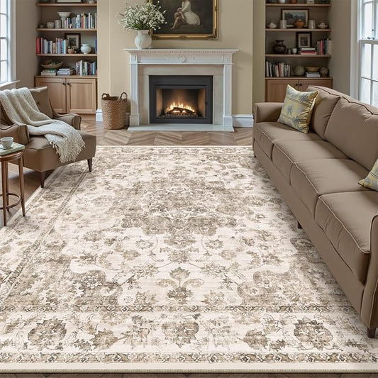 10x14 Neutral Area Rug Brown Vintage Living Room Bedroom Washable Carpet Non-Slip Soft Low Pile Farmhouse Indoor Large Throw Rug for Dining Room Office
