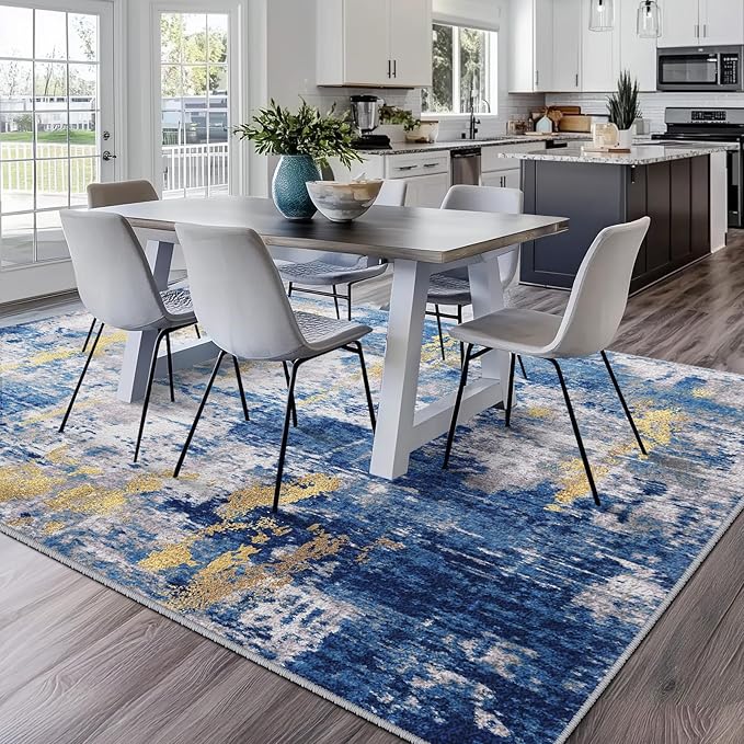 RELEANY Washable Area Rugs 6'x9' Non-Slip Modern Abstract Soft for Living Room Entryway Bedroom Kitchen, Print Pattern, Grey Blue Gold/Golden