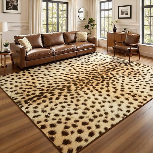 Soft Leopard Rug 5x7 Ft, Faux Animal Print Rugs for Living Room Bedroom, Non-Slip TPR Backing for Hardwood Floors, Machine Washable & Easy to Clean, Pet Friendly Carpet for Kids, Tan, Coffee