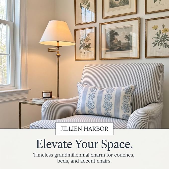 Jillien Harbor “The Juliet” Floral Block Print Pillow Cover – Soft Blue and Off-White Decorative Throw Pillow Cover – Grandmillennial Home Decor, 12"x20"