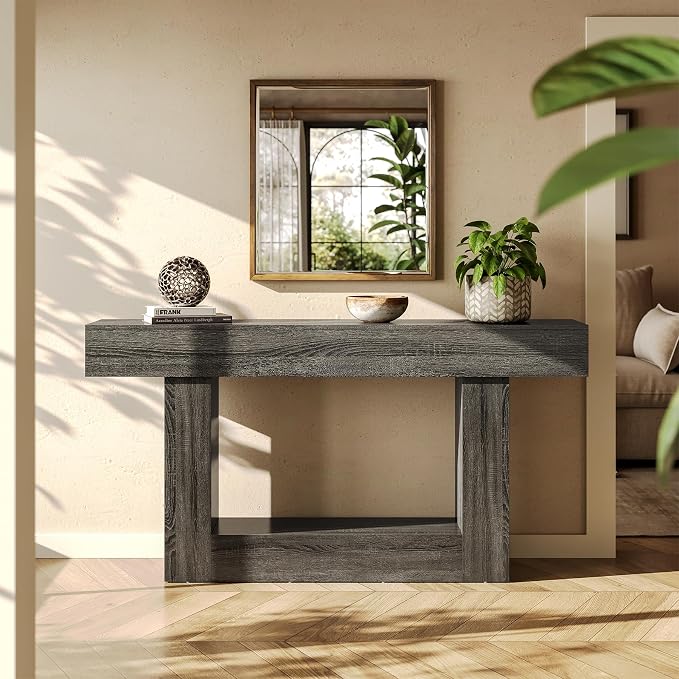 LITTLE TREE 63 Inches Long Console Table, 2-Tier Farmhouse Sofa Table Behind Couch, Large Narrow Entryway Table for Living Room, Wooden Hallway Foyer Table with Heavy Duty Base, Grey