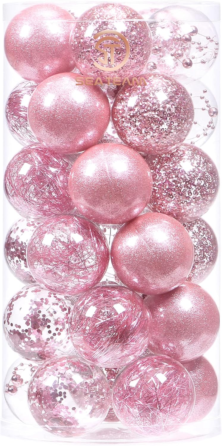 Sea Team 60mm/2.36" Shatterproof Clear Plastic Christmas Tree Ball Ornaments Set, Decorative Hanging Transparent Xmas Baubles with Stuffed Delicate Decorations (30 Counts, Pink)