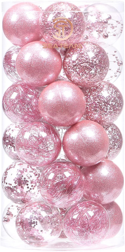 Sea Team 60mm/2.36" Shatterproof Clear Plastic Christmas Tree Ball Ornaments Set, Decorative Hanging Transparent Xmas Baubles with Stuffed Delicate Decorations (30 Counts, Pink)