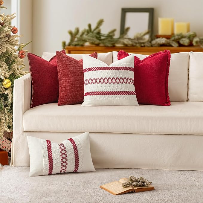 MIULEE Pack of 2 Pillow Covers 20x20 Inch Red Farmhouse Decorative Throw Pillow Covers with Stitched Edge Soft Chenille Solid Dyed Couch Pillow Covers for Sofa Bed Living Room