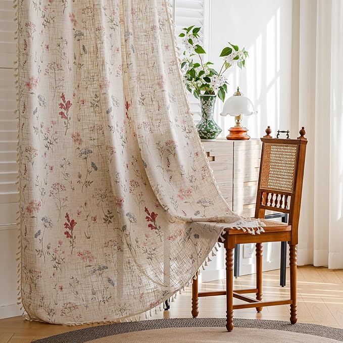OYX Floral Curtains 2 Panels 52x96 Inches, Boho Tassel Semi-Sheer Light Filtering, Rod Pocket Farmhouse Window Drapes for Bedroom Living Room Dining Room, Bohemian Aesthetic Decor