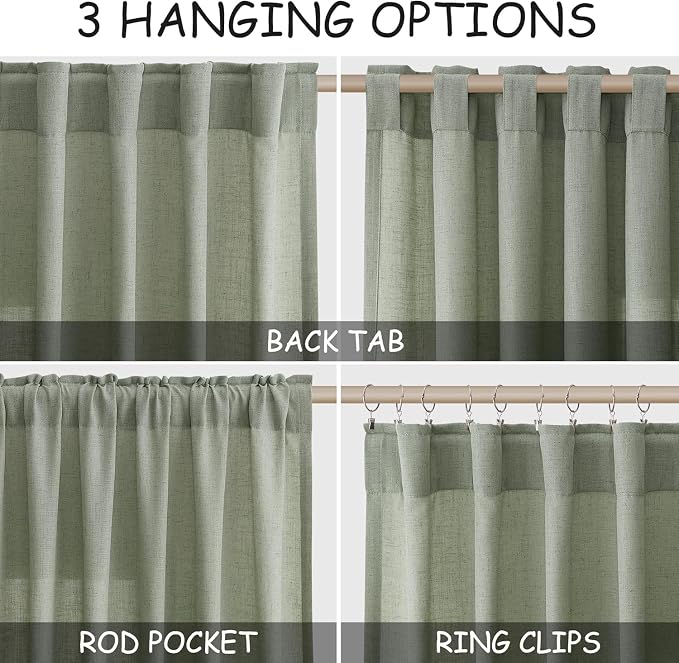 Desert Sage Linen 112 Inch Curtains for Living Room Light Filtering Semi Sheer Curtain Back Tab Rustic Farmhouse Decor Elegant Drapes Floor to Ceiling High Window for Bedroom 52x112, 2 Panels