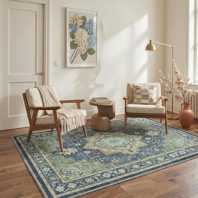GENIMO 5x7 Area Rugs for Living Room, Machine Washable Rug, Non Slip Indoor Vintage Carpet, Low Pile Lightweight Print Carpet for Bedroom Dining Room Home Office, Green & Navy