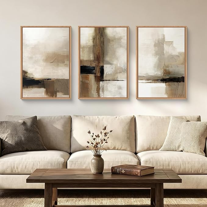HOURIA Abstract Neutral Vintage Earth Tone Framed Canvas Wall Art Set,Modern Minimalist Rustic Brown Beige Wall Decor,Wabi Sabi Textured Brushstroke Artwork for Living Room,Bedroom,Farmhouse-16"x24"x3