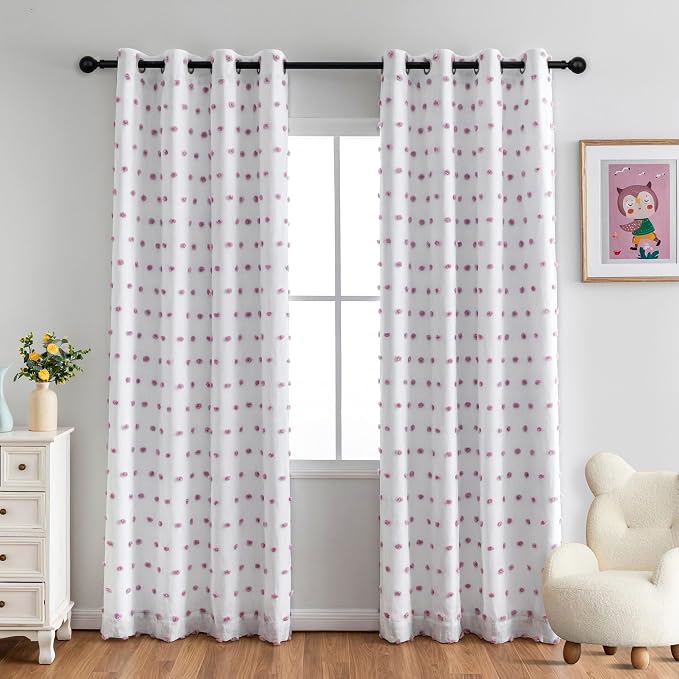 MYSKY HOME 100% Blackout Curtains for Nursery Thermal Insulated Purple Pom Pom Curtains 72 Inch Long for Girls Bedroom 2 Panels White Sheer Curtains for Dining Room Door Grommet, 52 x 72 in