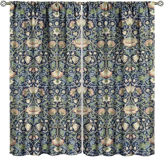 William Morris Blackout Window Curtains, Retro Botanical Vintage Floral Leaves Pattern Print Window Drapes, for Living Room Bedroom 21(W)*54(L) 2 Panels