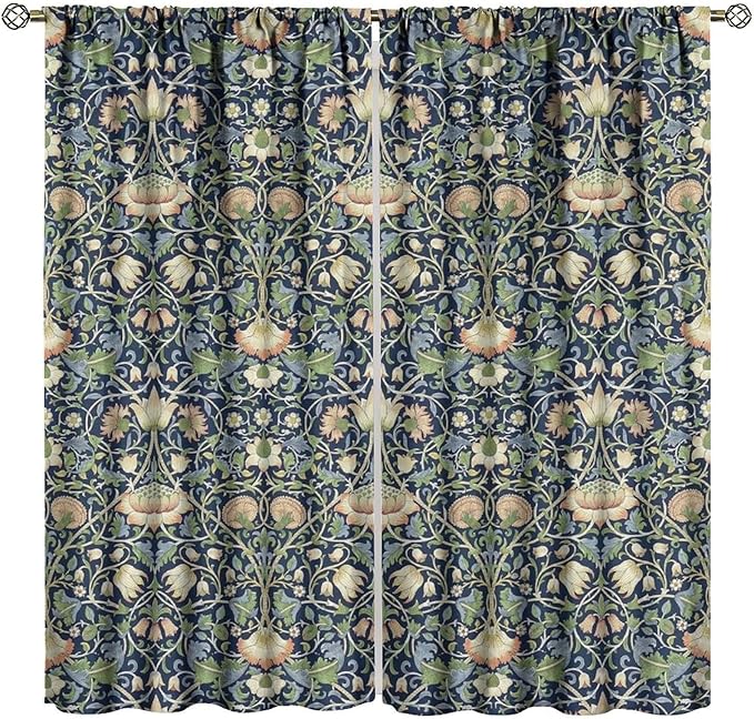 William Morris Blackout Window Curtains, Retro Botanical Vintage Floral Leaves Pattern Print Window Drapes, for Living Room Bedroom 31.5(W)*72(L) 2 Panels