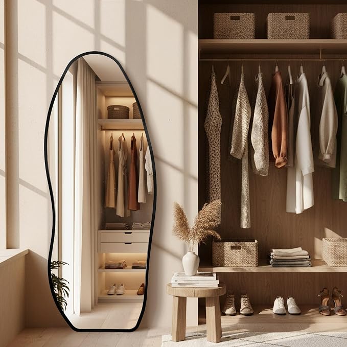 Dorlicecass Mirror Full Length - Irregular Full Body Mirror Standing or Leaning or Wall Hanging 63"x 24" Asymmetrical Aviation Aluminum Alloy Frame Unique for Bedroom, Living Room, Cloakroom, Entryway