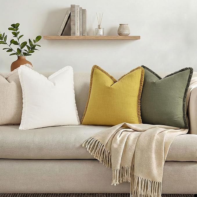 decorUhome Summer Decorative Neutral Linen Fringe Throw Pillow Covers Set of 2 Mustard Yellow Pillow Covers with Tassels Soft Farmhouse Boho Accent Pillow Cases for Couch Bed Sofa 18x18 Inch