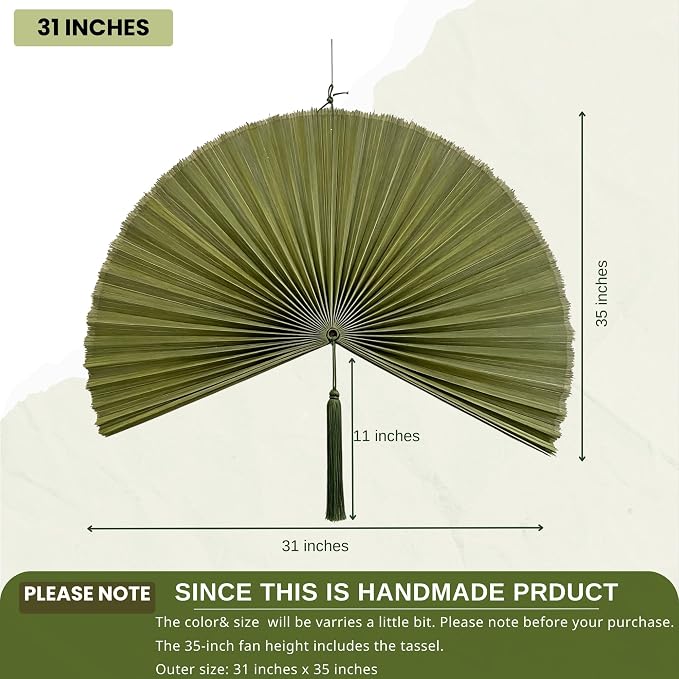 ChumDecor Fan Wall Decor, Japanese Giant Fan, Large Bamboo Fan Wall Art for Boho Hanging Headboard, Decorative Folding Fans for Over Bed, Asia Trending (Army Green 31inch)