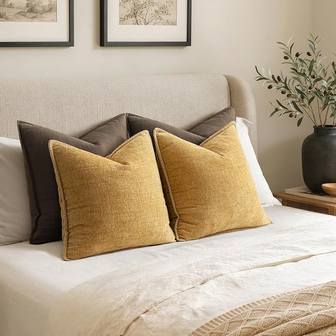 MIULEE Pack of 2 Couch Throw Pillow Covers 16x16 Inch Gold Mustard Yellow Farmhouse Decorative Pillow Covers with Stitched Edge Soft Chenille Solid Dyed Pillow Covers for Sofa Bed Living Room