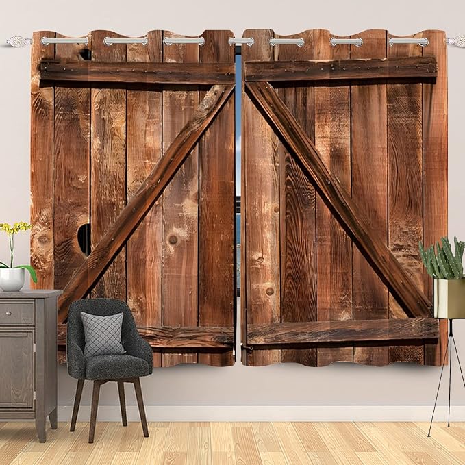 Old Tan Wooden Window Curtains American Rustic Garage Door Curtains Vintage Barn Door Drapes Wood Planks Rural Style Native Country Farmhouse Bedroom Window Treatment, 53x45 inch, 2 Panels