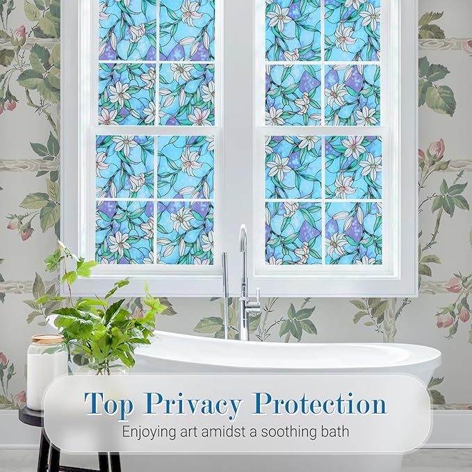 rabbitgoo Stained Glass Window Film, Anti UV Heat Blocking Privacy Film for Glass Window Door Covering, Static Cling Removable Decorative Privacy Sticker for Bathroom, Blue Lily, 23.6 x 157.4 Inches