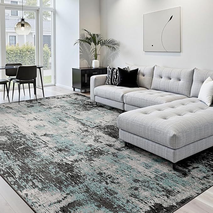 RELEANY Washable Area Rugs 5'x8' Non-Slip Modern Abstract Soft for Living Room Entryway Bedroom Kitchen, Print Pattern, Blue Black Teal