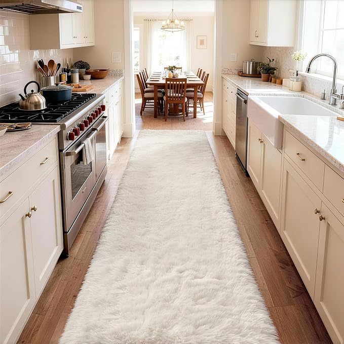Ophanie Runner Rug for Hallway,2.5x12 Washable Non-Slip Fluffy Soft Bedside Rugs,Bedroom Living Room Shaggy Carpet for Kids Girls Boys Dorm Nursery Decor Aesthetic,Ivory with Over 99 pcs Pile fibers