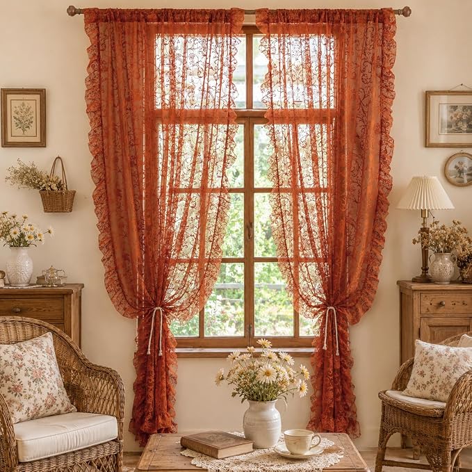 TUDECO Burnt Orange Lace Curtains for Living Room 2 Panels - Vibrant Floral Branch Ruffle Sheer Terracotta Curtains, Boho Rod Pocket Bright Privacy Autumn Window Treatments, 59W x 84L, Terracotta