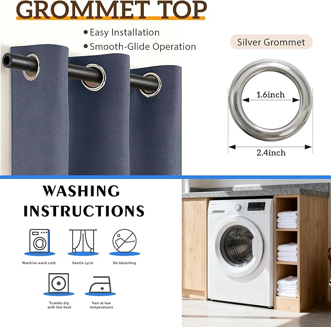 2 Panels 100% Blackout Linen-Textured Curtains, Thick Thermal Insulated Grommet Drapes with Subtle Herringbone Weave, Luxury Decor for Bedroom/Living Room, 37 x 84 Inches, Navy