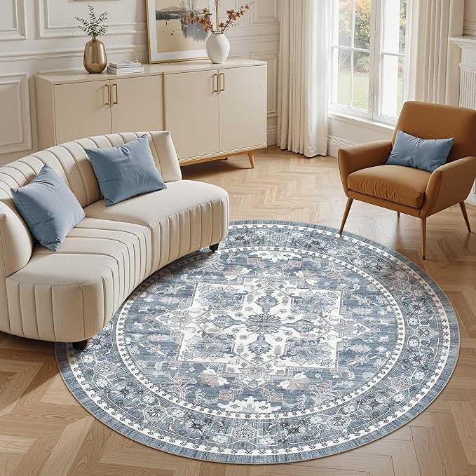 6ft Round Area Rug: Washable Vintage Neutral Soft Non Slip Thin Large Floor Carpet for Living Room Bedroom Kitchen Dining Room Home Office Farmhouse Indoor - Blue