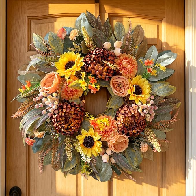 WANNA-CUL 24 Inch Sunflower Fall Front Door Wreath Farmhouse Harvest Decor | Autumn Wreath with Roses Dahlias Pinecones Berries Indoor Outdoor Boho Wall Mantel Table Centerpiece Thanksgiving Decorations