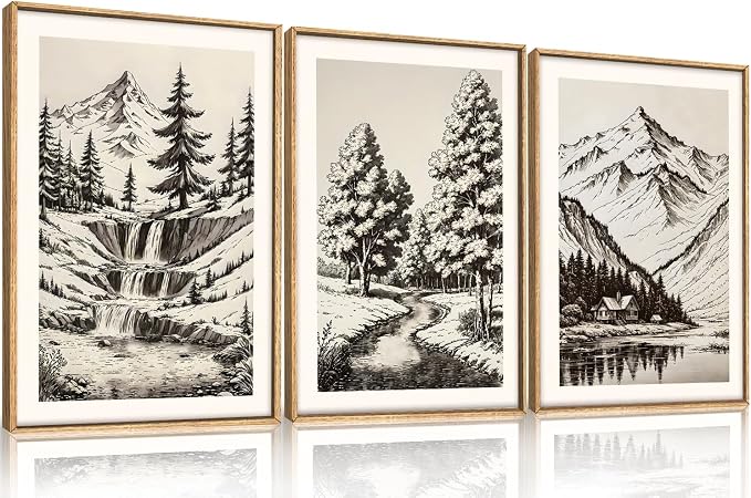 HOURIA Vintage Sketch Pine Tree Mountain Framed Canvas Wall Art Set,Moody Retro Antique Wilderness Botanical Ridge Decor,Modern Natural Black White Artwork for Living Room,Bedroom,Farmhouse- 24"x36"x3