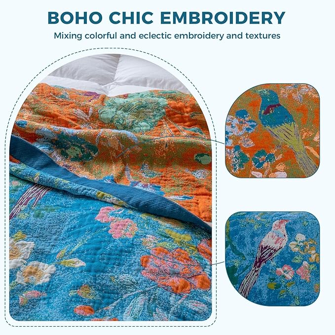 LUTBM Boho Throw Blanket for Couch Sofa Chair Cotton Spring Blankets for Bedroom Living Room All Season Lightweight Reversible Floral Birds Embroidery Throws 50"x60"