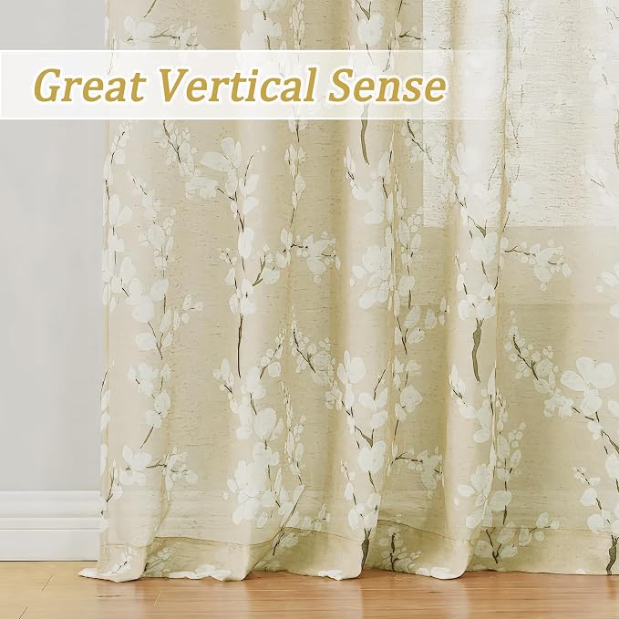 FMFUNCTEX Linen Sheer Curtains for Living Room, Cream Blossom Floral Print Curtains 63 Inch Length for Bedroom, Light Filtering Linen Blend Butter Yellow Floral Window Curtain 2 Panels Rod Pocket