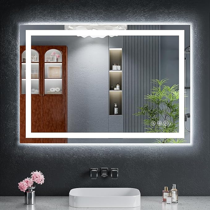40"x28" LED Bathroom Mirror with Lights for Vanity, Anti-Fog & Dimmable 3-Color, Stepless Brightness Adjustable Wall Mounted Mirror for Bathroom Makeup Shaving