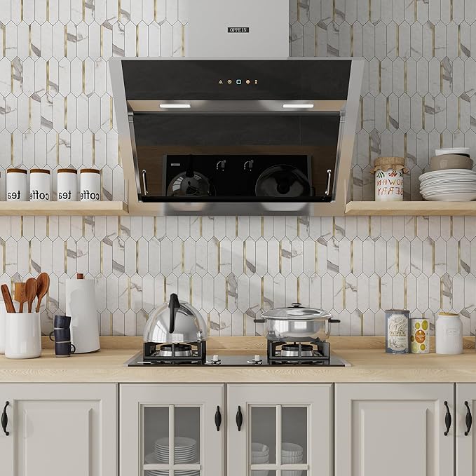 KASARO Peel and Stick Backsplash Long Hexagon Wall Tile, 10-Pieces PVC Self Adhesive Mosaic Tiles, Marble White with Vintage Gold Stripes Decorative for Kitchen, Bathroom and Fireplace