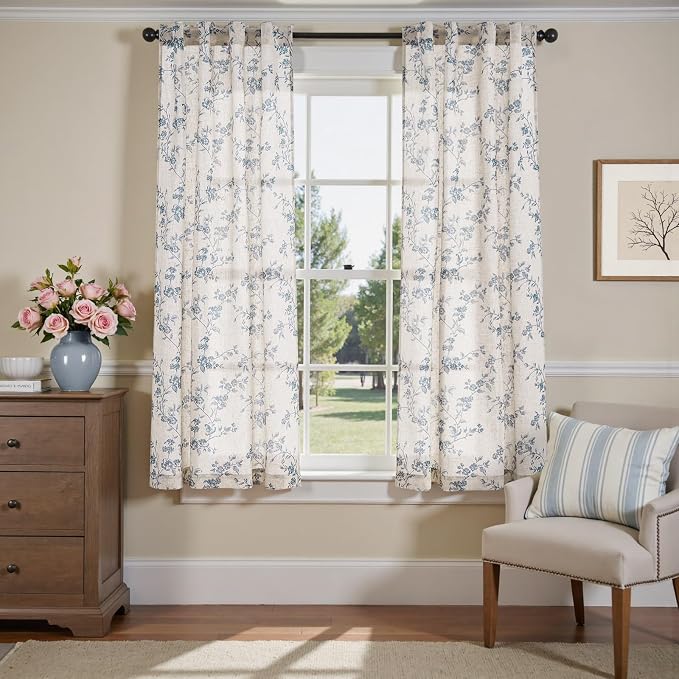 jinchan Blue Floral Linen Curtains 63 Inch Country Drapes Back Tab 2 Panels | Blue on beige, light filtering, farmhouse, rustic, flower, living room, bedroom, laundry, window treatment, home decor