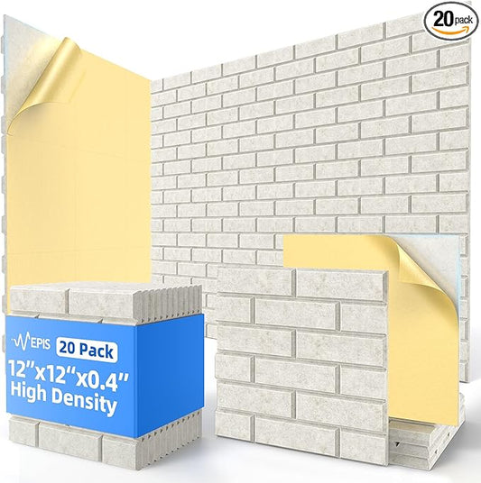 20 Pack Acoustic Panels with Self Adhesive, 12" X 12" X 0.4" High Density Sound Proof Foam Panels for Walls, Soundproof Wall Panels, Brick Sound Absorbing Panels for Home Studio Office Decor - Ivory