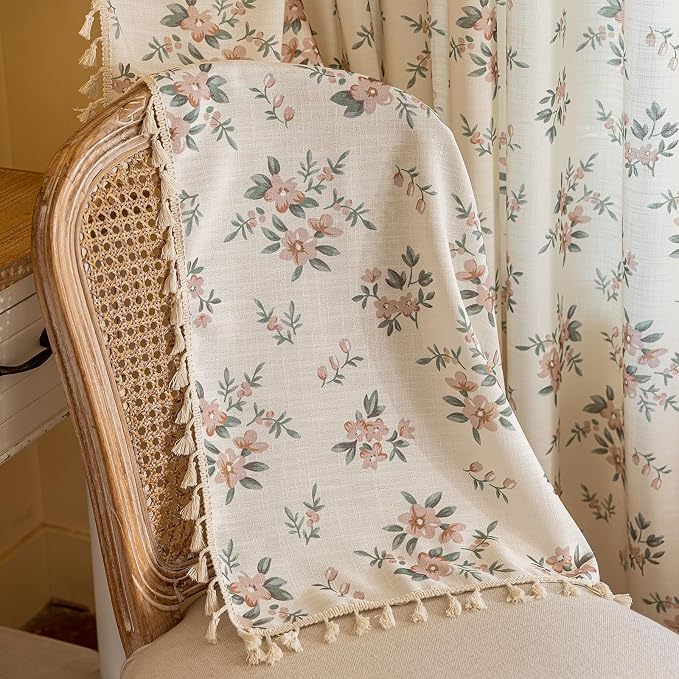 OYX Boho Floral Curtains 96 Inch, Pink Flower Farmhouse Drapes with Tassels, Linen Textured Light Filtering Semi Sheer Curtains for Living Room Bedroom, 2 Panels, Rod Pocket, 52Wx96L