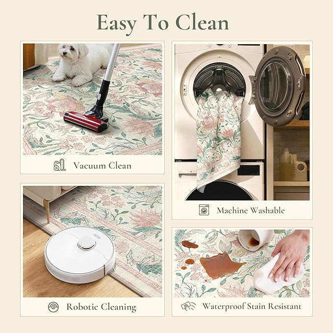 Bavni 2'6''x6 Runner Rug,Microfiber Washable Non-Slip Vintage Floral Rugs,Low Pile Lightweight Carpet for Bedroom,Hallway,Entryway,Kitchen,Bathroom, Beige&Pink