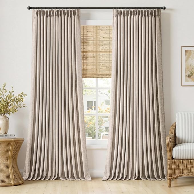 MIULEE Pinch Pleated Thick Linen Curtains 102 Inches Long 2 Panels for Living Room Bedroom, Pinch Pleat Drapes Back Tab Memory Trained Rustic Farmhouse Window Curtains with Hooks&Rings, Taupe