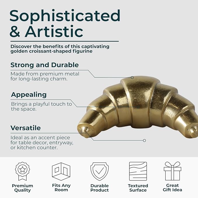 Metal Croissant Sculpture for Home and Living Room Decor - Accent Display for Bathroom, Office Desk, Mantel, and Shelf Decor - Ornament Piece for Coffee Table Decor and Tabletop - 3", Gold