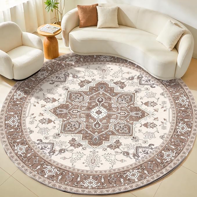 OPPODREAM Soft Round Rug 8ft, Play Room Rug, Washable Circle Rug 8ft with Non Slip Backing, Small Low-Pile Area Rugs 8 ft, Faux Cashmere Throw Carpet, Khaki